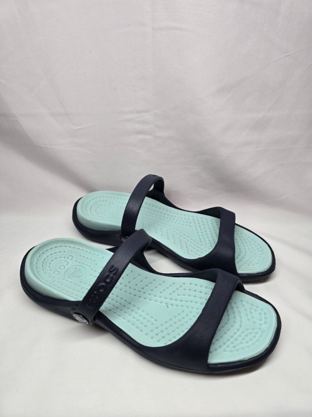 Crocs Cleo Classic Slide Sandals Teal/Navy Blue Two Strap Comfort Summer Size 7